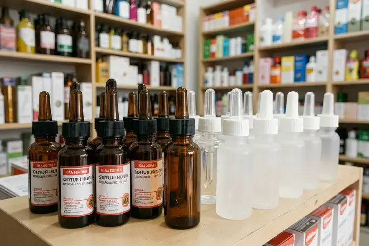 berbagai ukuran botol pipet kaca amber, bening, dan frosted berjejer rapi di showroom gudang kemasan denpasar. alt botol pipet serum murah berkualitas di bali