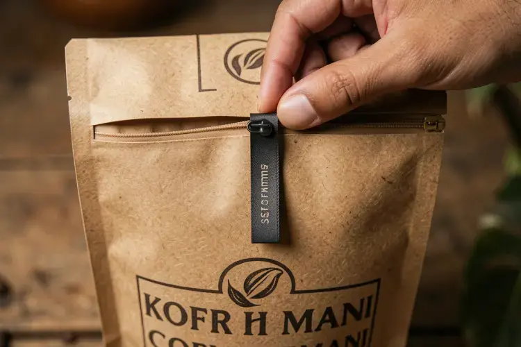 detail cara menarik pita pull tab zipper pada bagian atas kemasan kopi flat bottom kemasan kraft paper. alt fitur pull tab zipper kemasan kopi kintamani