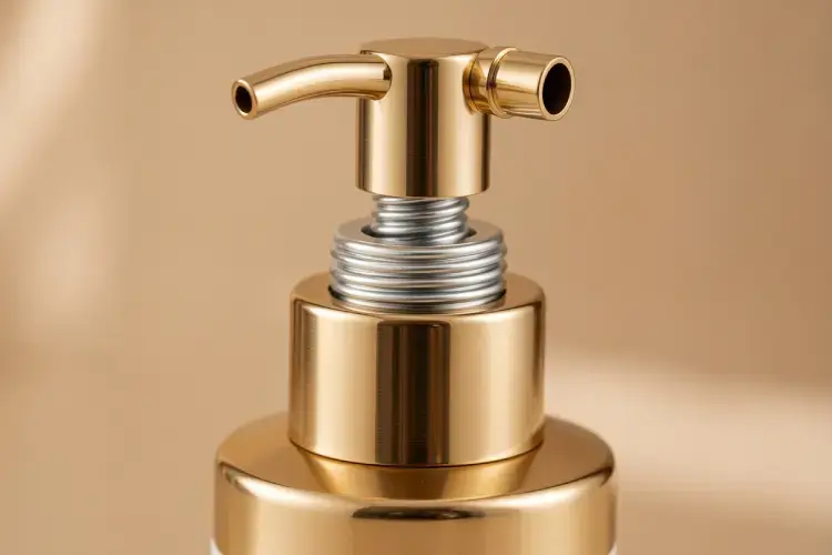 detail mekanisme pegas dan nozzle pada tutup botol pump kosmetik kualitas premium. alt mekanisme pompa botol pump kosmetik presisi