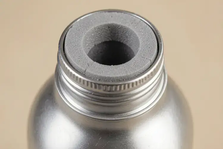 detail penutup botol ulir aluminium dengan lapisan inner foam liner kedap udara. alt penutup kedap udara botol produk spa