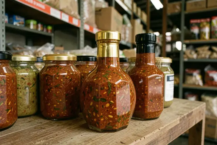 display botol kaca sambal model jar bulat dan hexagonal dengan pilihan tutup seng gold dan black di gudang kemasan denpasar. alt botol sambal kaca grosir di bali untuk industri kuliner