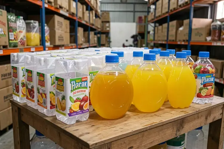 display jajaran botol plastik pet bening model kotak, bulat, dan almond khusus untuk produk jus buah di gudang kemasan denpasar. alt botol plastik jus grosir premium di bali