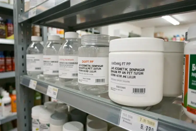 display varian jar kosmetik bening bahan pet dan jar doff bahan pp di rak display showroom gudang kemasan denpasar. alt jar kosmetik denpasar bahan pp dan pet untuk krim dan lulur