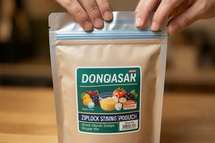 ilustrasi detail penutupan klip ziplock pada bodi atas standing pouch plastik doff dengan stiker label produk. alt mekanisme fitur ziplock standing pouch denpasar