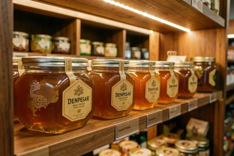 ilustrasi penataan jar kaca hexagonal berisi madu hutan di rak pajangan toko dengan pencahayaan yang estetik. alt penataan jar kaca denpasar madu premium
