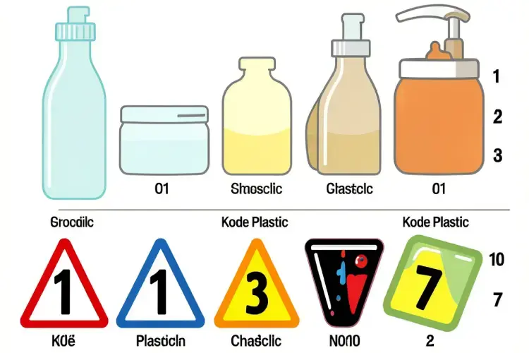 ilustrasi tabel logo kode plastik segitiga daur ulang nomor 1 sampai 7 yang dicetak pada bagian bawah botol dan jar kosmetik. alt kode daur ulang kemasan food grade denpasar