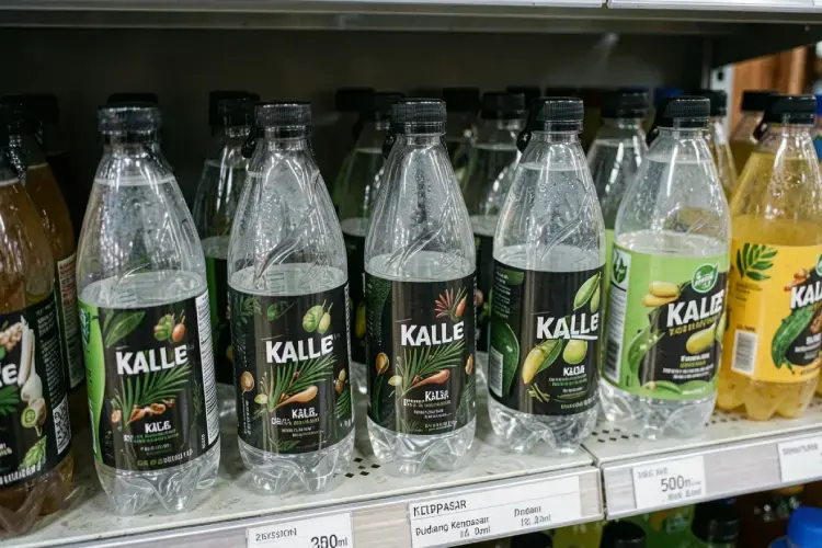 jajaran botol kale pet bening ukuran 250ml dan 500ml dengan tutup hitam tersegel rapat di etalase gudang kemasan denpasar. alt varian botol kale denpasar premium untuk bisnis minuman