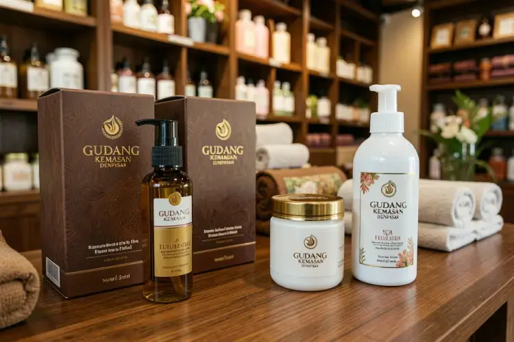 koleksi kemasan produk spa premium seperti botol massage oil, jar lulur, dan botol sabun cair di showroom gudang kemasan denpasar. alt kemasan produk spa bali premium