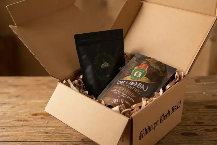 penataan outer sachet kopi drip berwarna hitam doff eksklusif di dalam boks kemasan karton gift box oleh oleh bali. alt penataan produk kemasan kopi drip bali premium