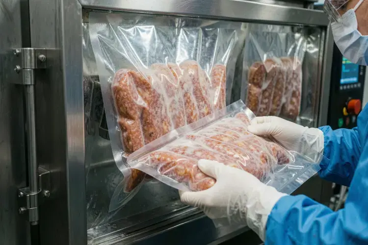 proses pengemasan sosis beku menggunakan mesin vacuum chamber bertekanan tinggi dengan las segel tebal. alt proses vacuum sealing kemasan frozen food