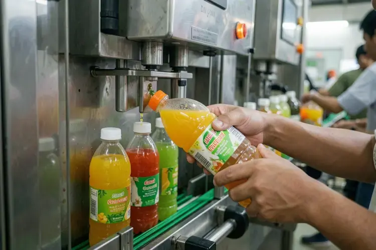 proses pengisian cairan cold pressed juice ke dalam botol plastik pet menggunakan mesin otomatis yang higienis. alt proses filling botol plastik jus grosir bali
