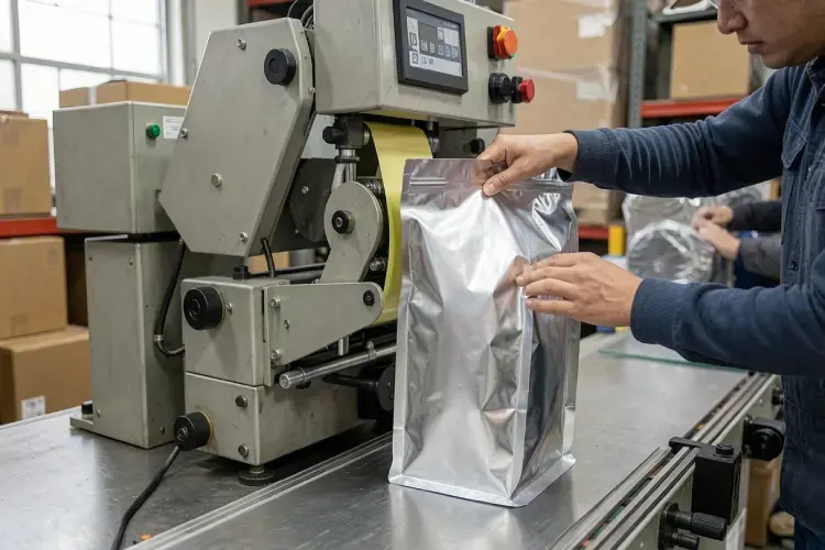 proses penyegelan bagian atas standing pouch aluminium foil menggunakan mesin continuous band sealer di ruang kemas. alt penyegelan heat sealer standing pouch aluminium foil