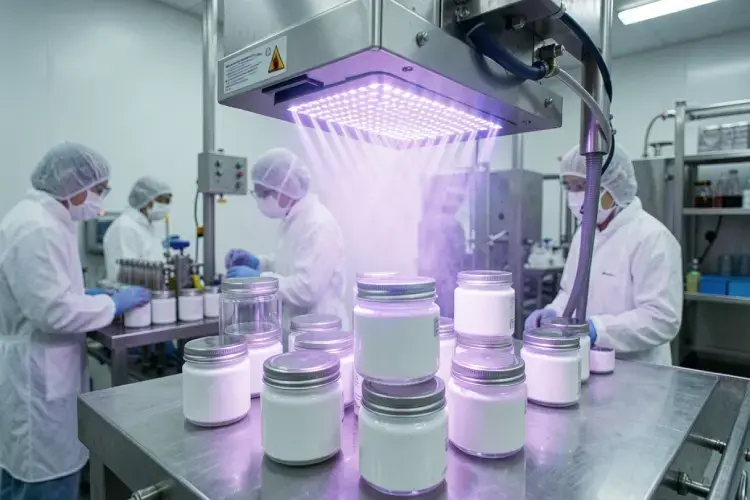 proses sterilisasi jar kosmetik menggunakan lampu sinar uv c di dalam ruang produksi yang higienis. alt sterilisasi jar kosmetik higienis