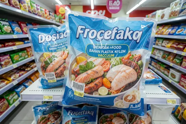 sampel kemasan plastik vacuum bag berbahan nylon kaku jernih penampung produk frozen food siap saji di etalase toko. alt kemasan frozen food denpasar bahan plastik nylon vacuum