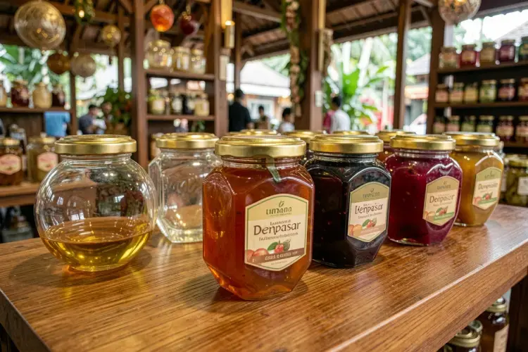 varian bentuk jar kaca mulai dari model bulat standar, hexagonal, hingga model apel dengan tutup seng warna emas di showroom denpasar. alt jar kaca denpasar untuk kemasan madu dan selai artisan