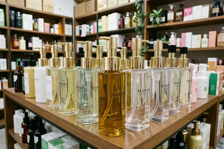 varian botol pump kosmetik premium bahan kaca dan akrilik berjejer rapi di showroom gudang kemasan denpasar bali. alt botol pump kosmetik bali premium untuk industri skincare